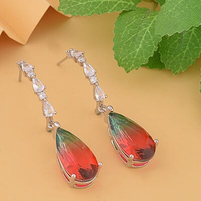 Fusion Multi Color Glass and Simulated Diamond Dangle Earrings in Silvertone