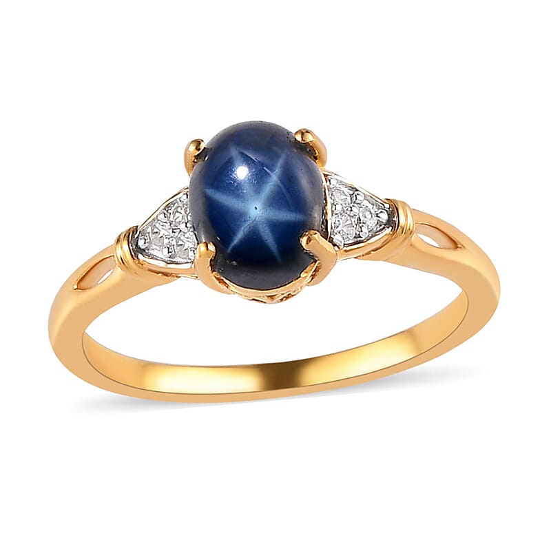 Blue Star Sapphire(DF) and White Zircon Ring in Vermeil YG Over Sterling Silver (Size 10.0) 2.30 ctw