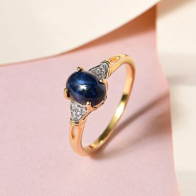 Blue Star Sapphire(DF) and White Zircon Ring in Vermeil YG Over Sterling Silver (Size 10.0) 2.30 ctw