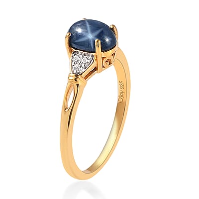 Blue Star Sapphire(DF) and White Zircon Ring in Vermeil YG Over Sterling Silver (Size 10.0) 2.30 ctw