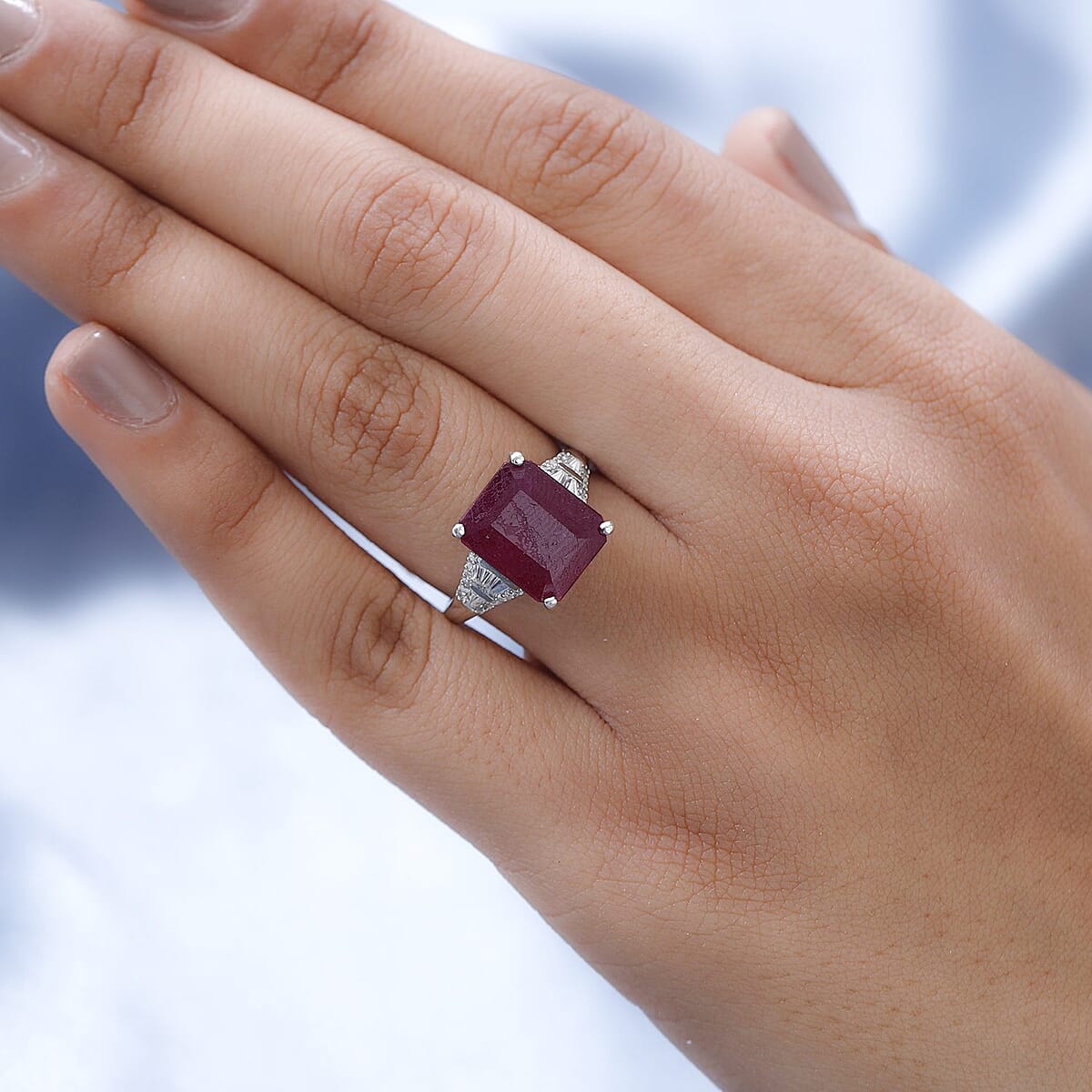 Premium Niassa Ruby (FF) and Moissanite Ring in Platinum Over Sterling Silver 9.90 ctw image number 2