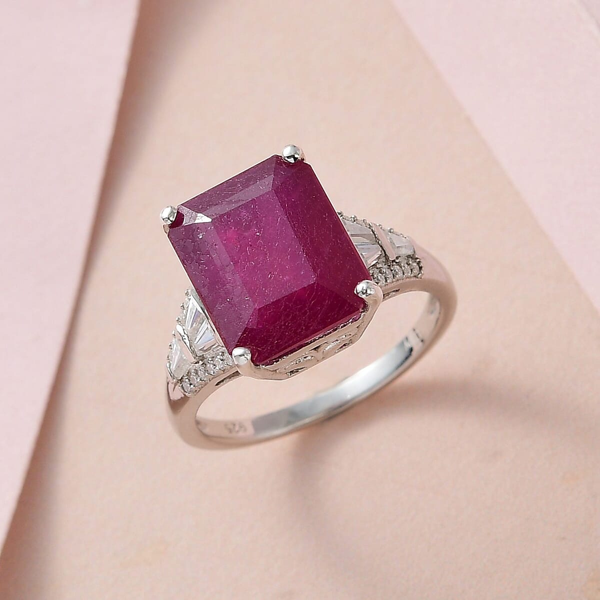 Premium Niassa Ruby (FF) and Moissanite Ring in Platinum Over Sterling Silver (Size 6.0) 9.90 ctw image number 1