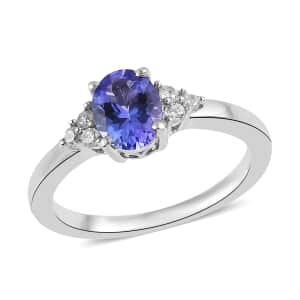 Tanzanite and White Zircon Ring in Platinum Over Sterling Silver (Size 6.0) 1.10 ctw