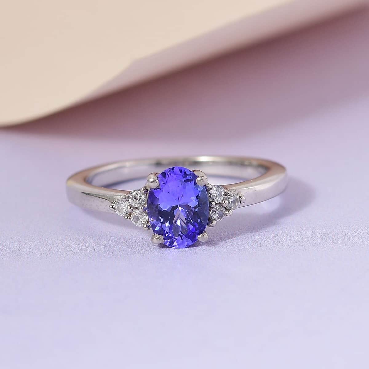 Tanzanite and White Zircon Ring in Platinum Over Sterling Silver (Size 6.0) 1.10 ctw image number 1