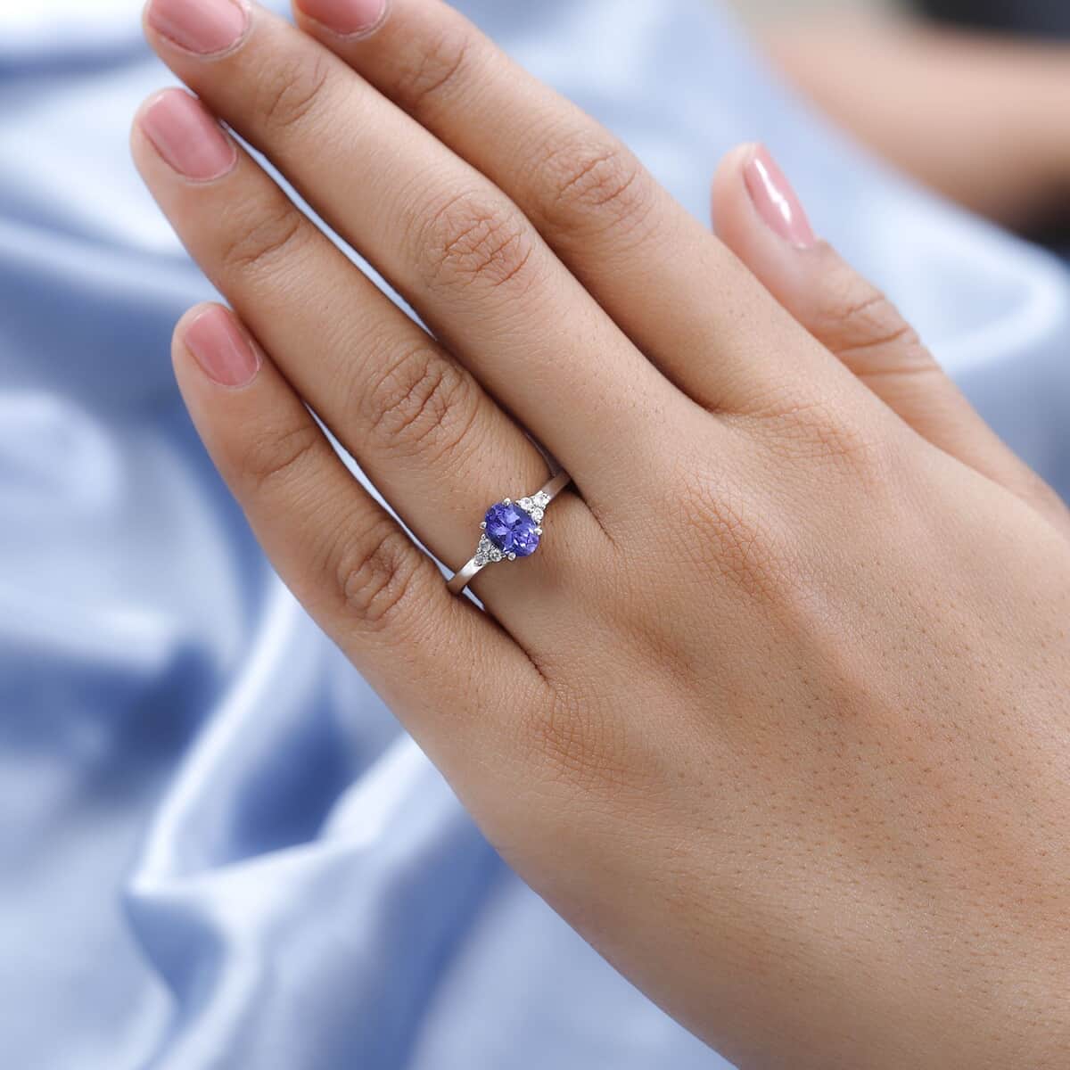 Tanzanite and White Zircon Ring in Platinum Over Sterling Silver (Size 6.0) 1.10 ctw image number 2