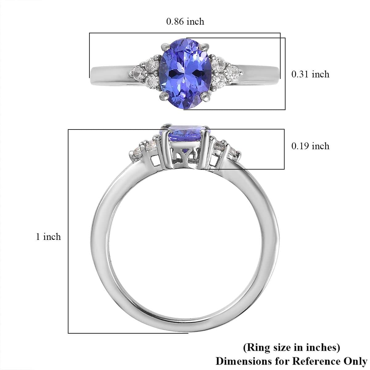 Tanzanite and White Zircon Ring in Platinum Over Sterling Silver (Size 6.0) 1.10 ctw image number 5