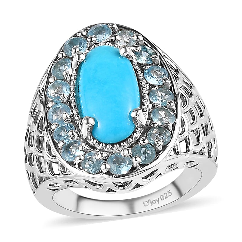 Premium Sleeping Beauty Turquoise and Electric Blue Topaz Halo Ring in Platinum Over Sterling Silver (Size 10.0) 4.50 ctw