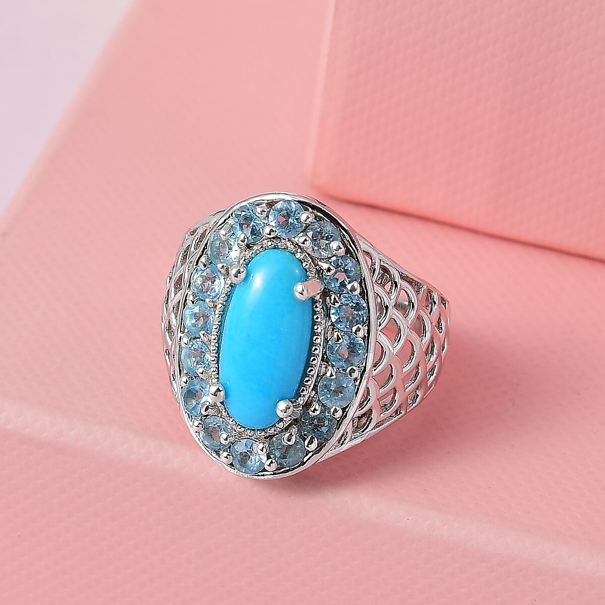 Premium American Natural Sleeping Beauty Turquoise and Electric Blue Topaz Halo Ring in Platinum Over Sterling Silver 7.50 Grams 4.50 ctw image number 1