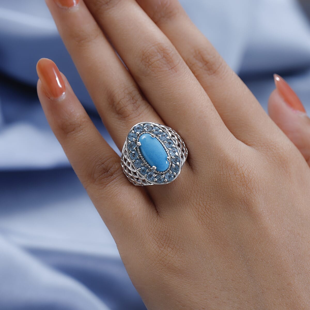 Premium American Natural Sleeping Beauty Turquoise and Electric Blue Topaz Halo Ring in Platinum Over Sterling Silver 7.50 Grams 4.50 ctw image number 2