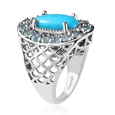 Premium Sleeping Beauty Turquoise and Electric Blue Topaz Halo Ring in Platinum Over Sterling Silver (Size 10.0) 4.50 ctw