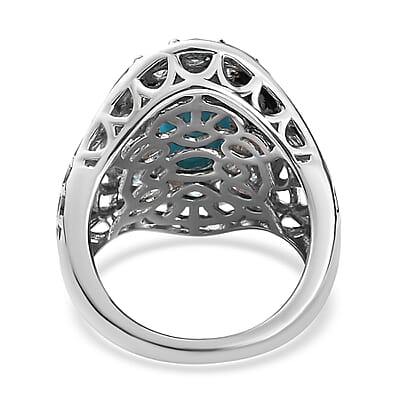 Premium Sleeping Beauty Turquoise and Electric Blue Topaz Halo Ring in Platinum Over Sterling Silver (Size 10.0) 4.50 ctw