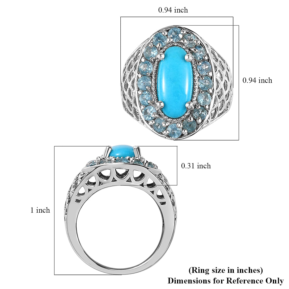 Premium American Natural Sleeping Beauty Turquoise and Electric Blue Topaz Halo Ring in Platinum Over Sterling Silver 7.50 Grams 4.50 ctw image number 5