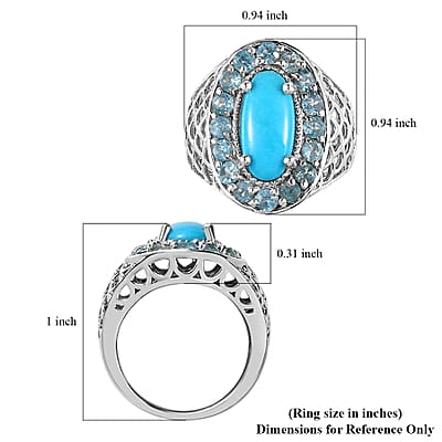 Premium Sleeping Beauty Turquoise and Electric Blue Topaz Halo Ring in Platinum Over Sterling Silver (Size 10.0) 4.50 ctw