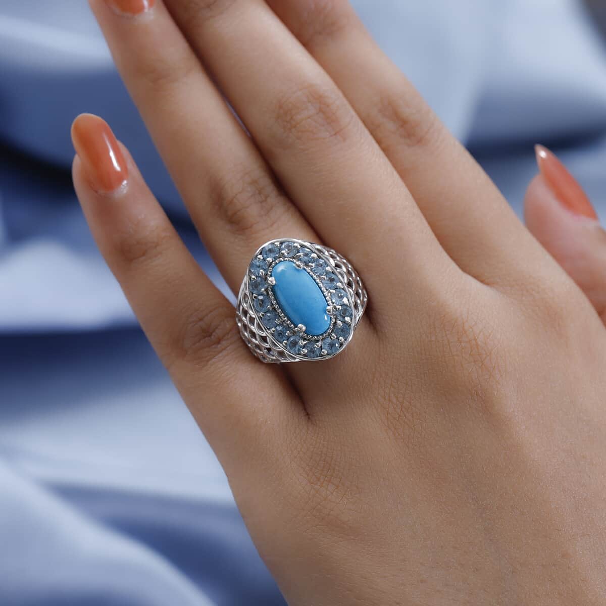 Premium Sleeping Beauty Turquoise and Electric Blue Topaz Halo Ring in Platinum Over Sterling Silver (Size 7.0) 4.50 ctw image number 2