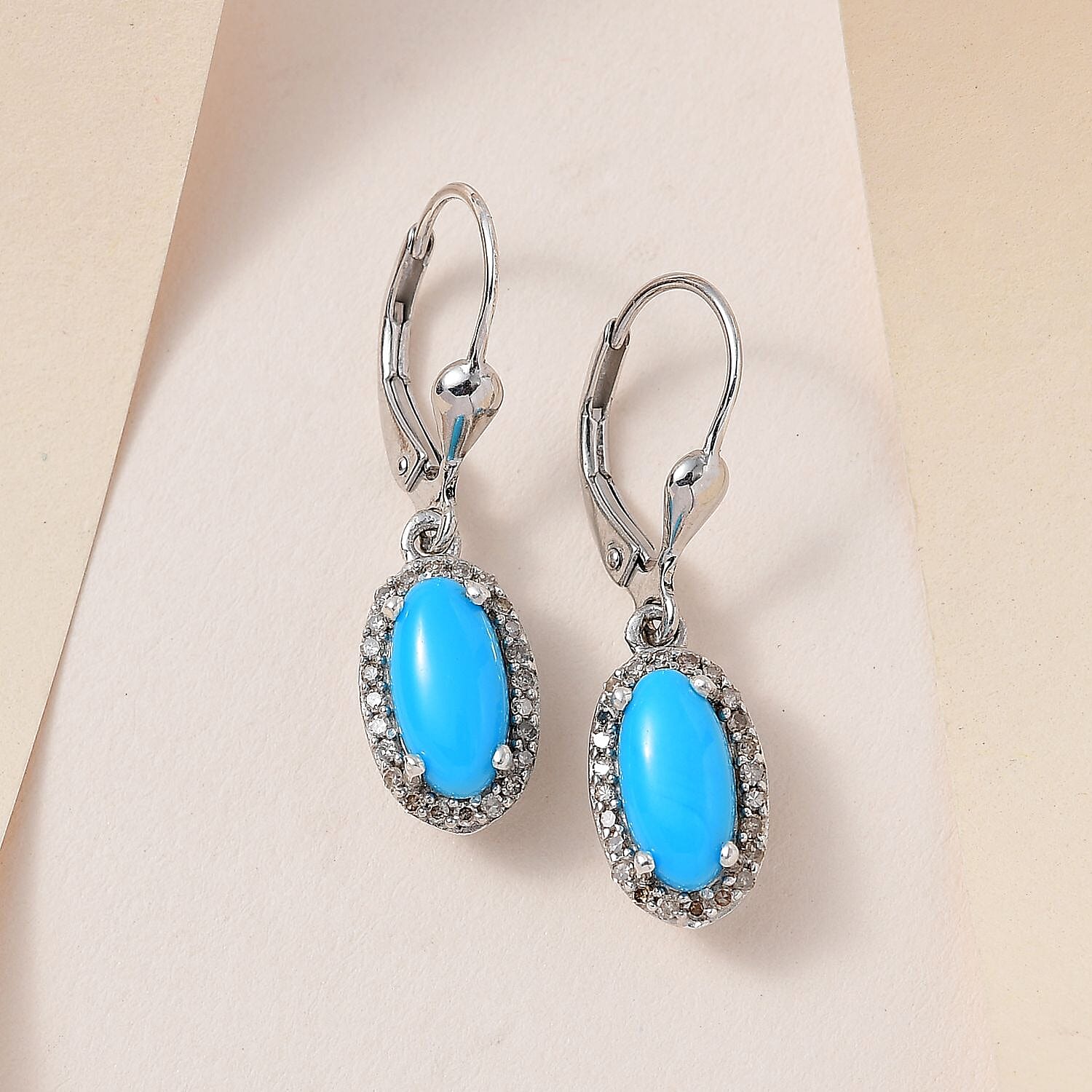 Sleeping Beauty Turquoise and Natural Champagne Diamond Halo Earrings in Platinum Over Sterling Silver 2.50 ctw