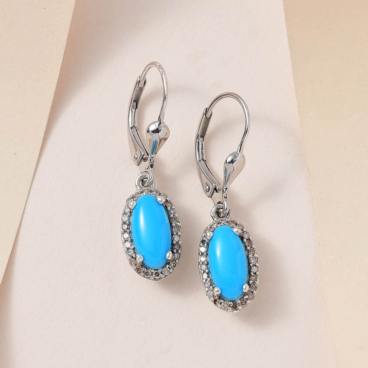Sleeping Beauty Turquoise and Natural Champagne Diamond Halo Earrings in Platinum Over Sterling Silver 2.50 ctw image number 1