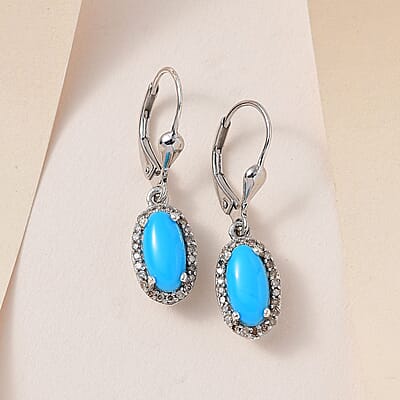 Sleeping Beauty Turquoise and Natural Champagne Diamond Halo Earrings in Platinum Over Sterling Silver 2.50 ctw