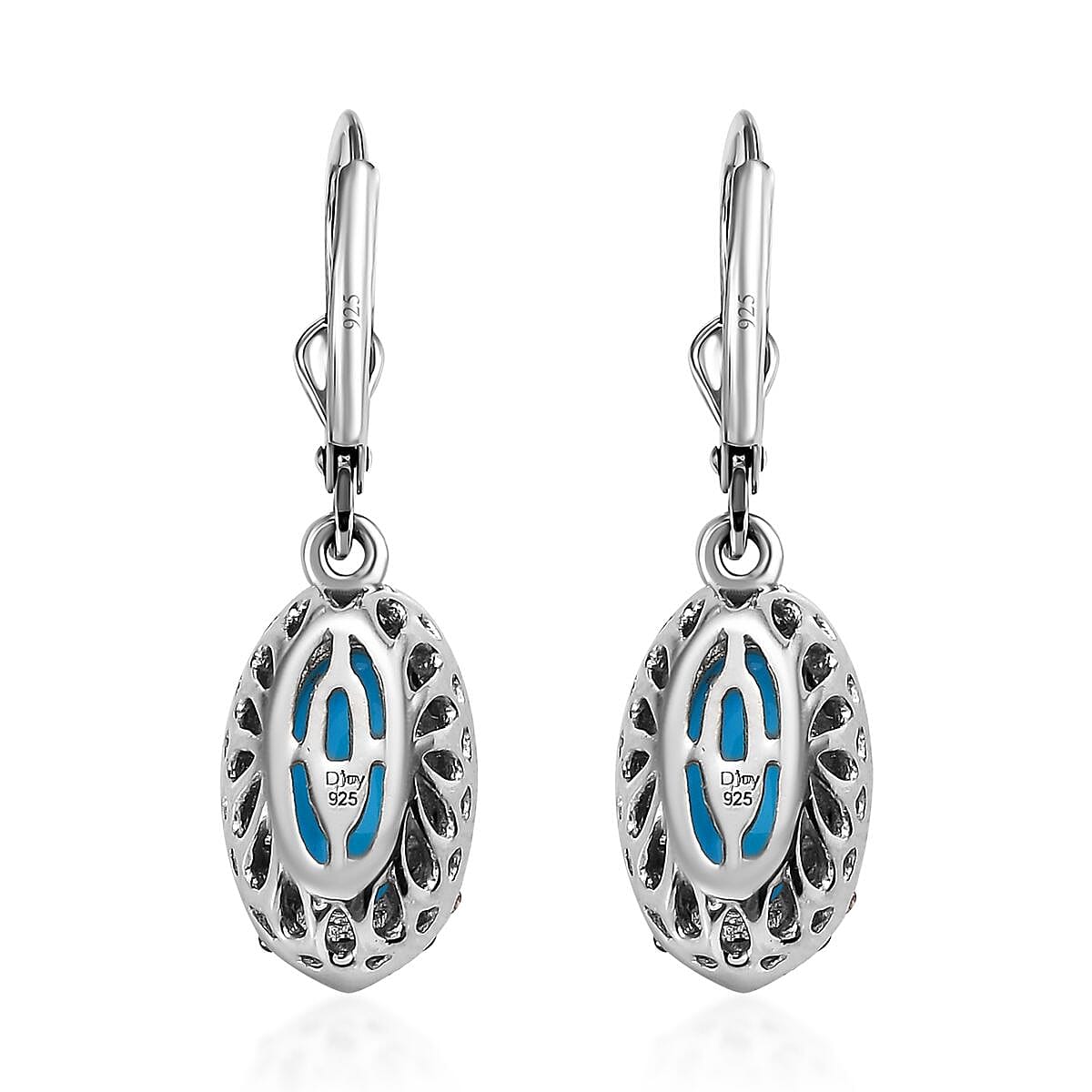 Sleeping Beauty Turquoise and Natural Champagne Diamond Halo Earrings in Platinum Over Sterling Silver 2.50 ctw