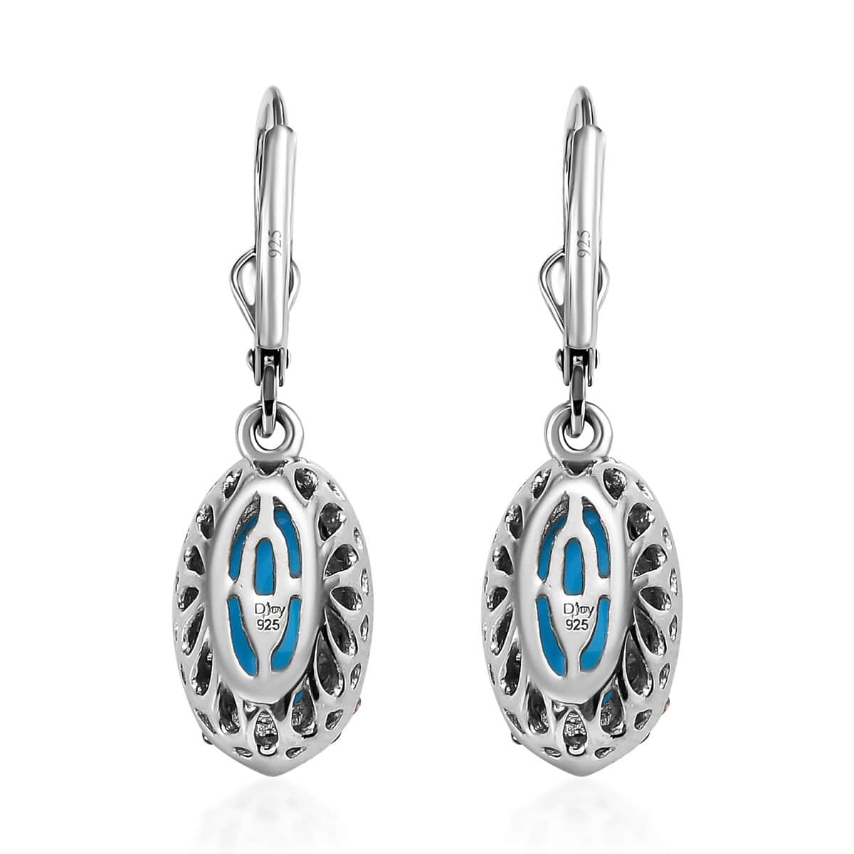 Sleeping Beauty Turquoise and Natural Champagne Diamond Halo Earrings in Platinum Over Sterling Silver 2.50 ctw image number 3