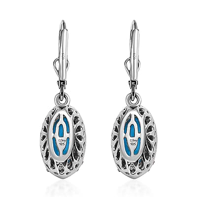 Sleeping Beauty Turquoise and Natural Champagne Diamond Halo Earrings in Platinum Over Sterling Silver 2.50 ctw