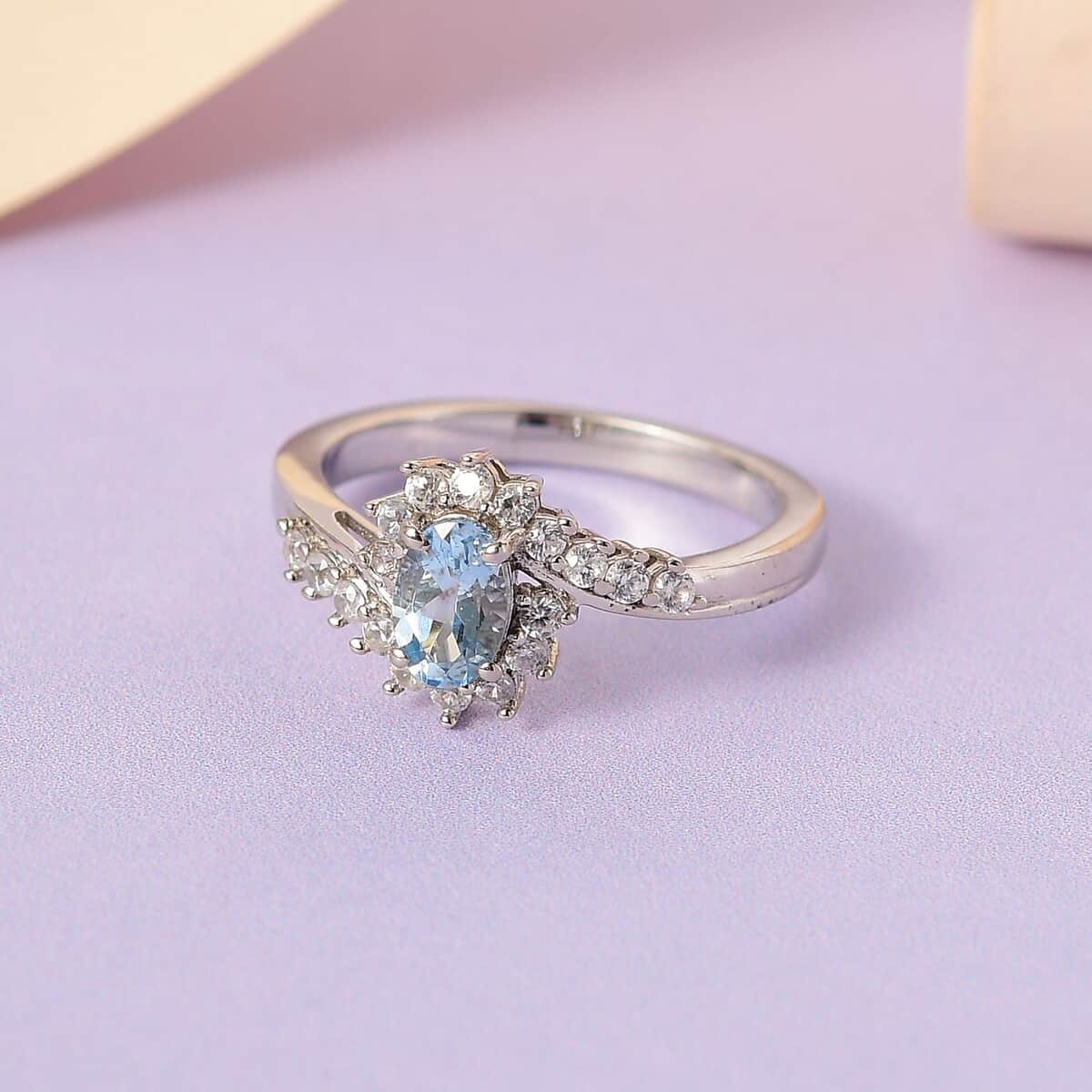 Santa Maria Aquamarine, Natural White Zircon Ring in Platinum Over Sterling Silver (Size 10.0) 0.75 ctw image number 1