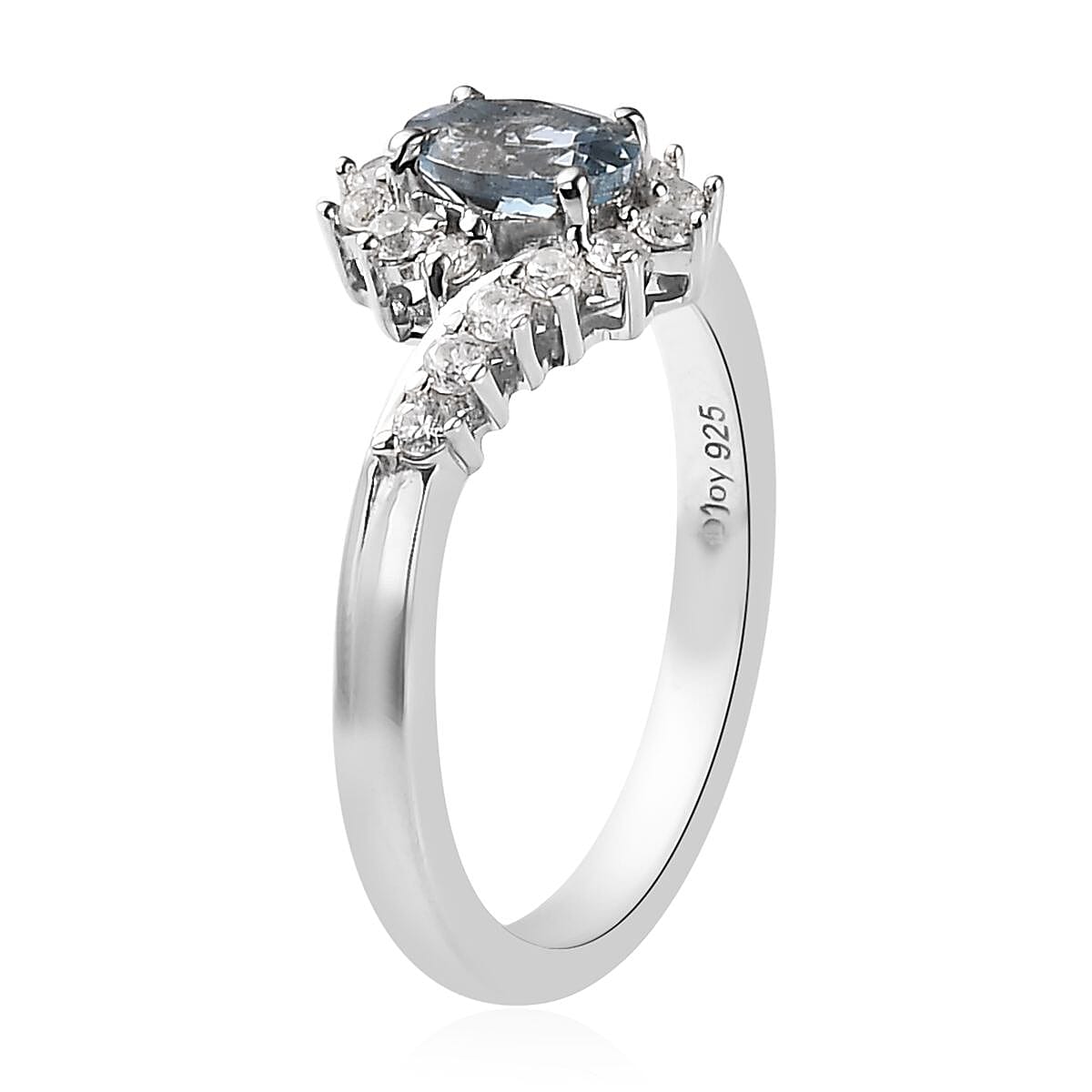 Santa Maria Aquamarine and White Zircon Bypass Ring in Platinum Over Sterling Silver (Size 10.0) 0.75 ctw