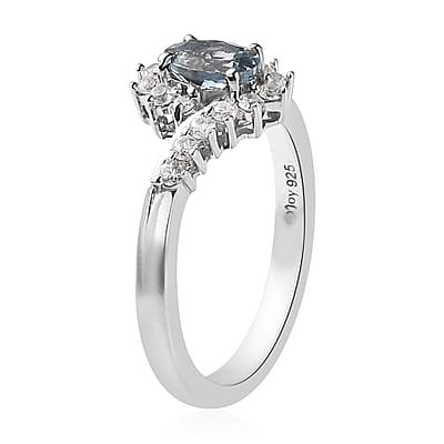 Santa Maria Aquamarine and White Zircon Bypass Ring in Platinum Over Sterling Silver (Size 10.0) 0.75 ctw