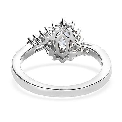 Santa Maria Aquamarine and White Zircon Bypass Ring in Platinum Over Sterling Silver (Size 10.0) 0.75 ctw