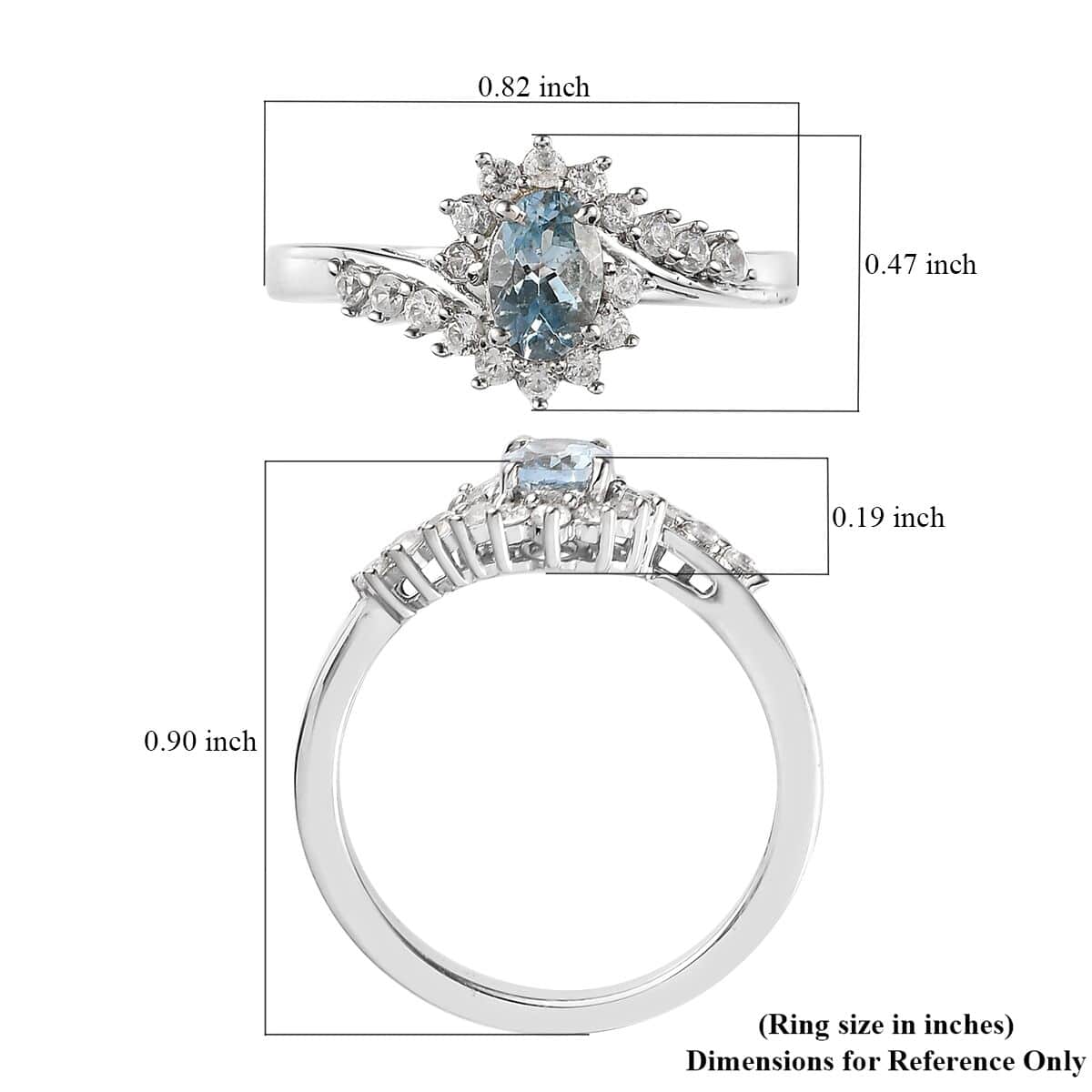 Santa Maria Aquamarine, Natural White Zircon Ring in Platinum Over Sterling Silver (Size 10.0) 0.75 ctw image number 5