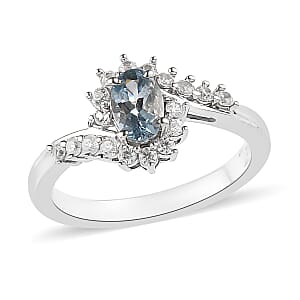 Santa Maria Aquamarine and White Zircon Bypass Ring in Platinum Over Sterling Silver (Size 5.0) 0.75 ctw