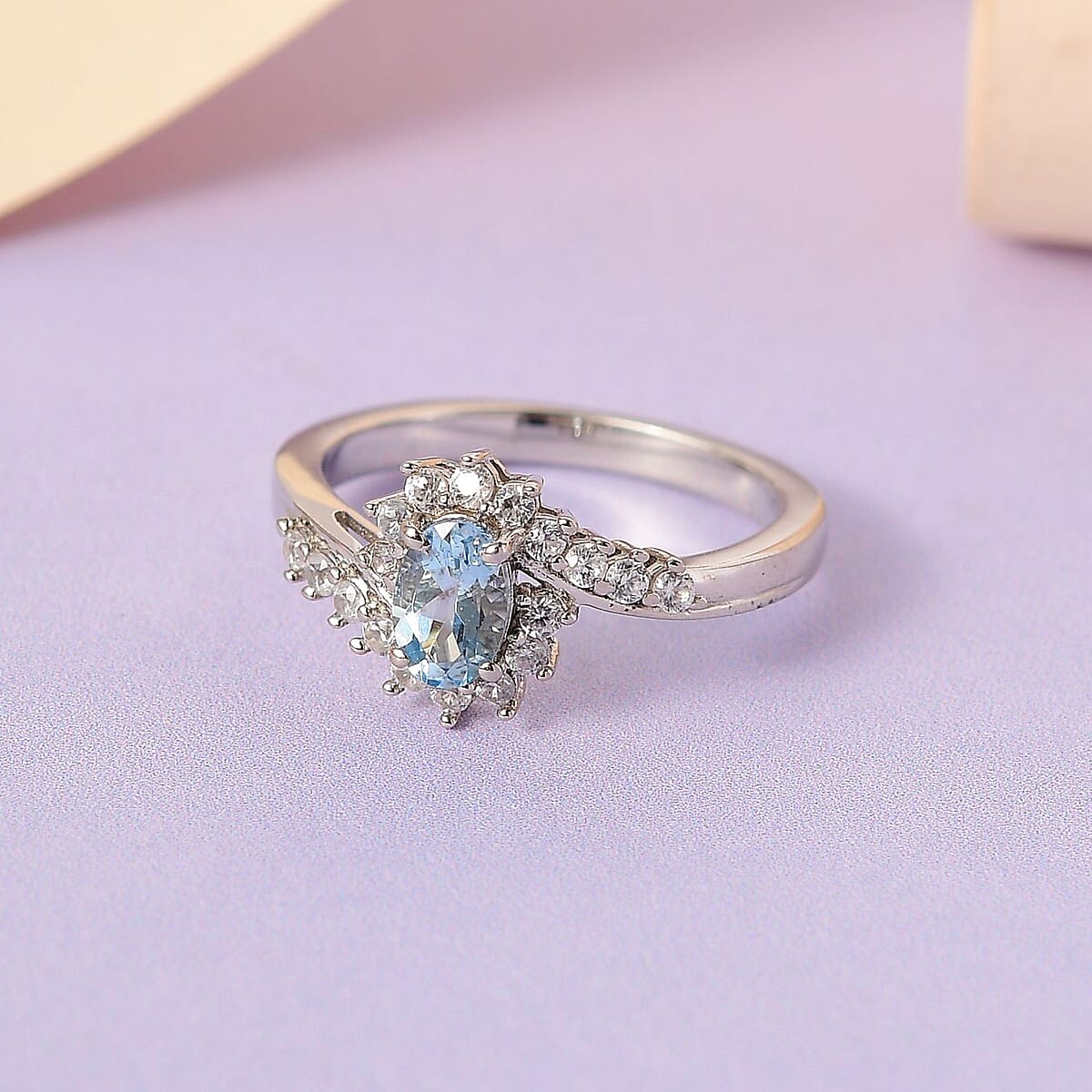 Santa Maria Aquamarine and White Zircon Bypass Ring in Platinum Over Sterling Silver (Size 7.0) 0.75 ctw image number 1