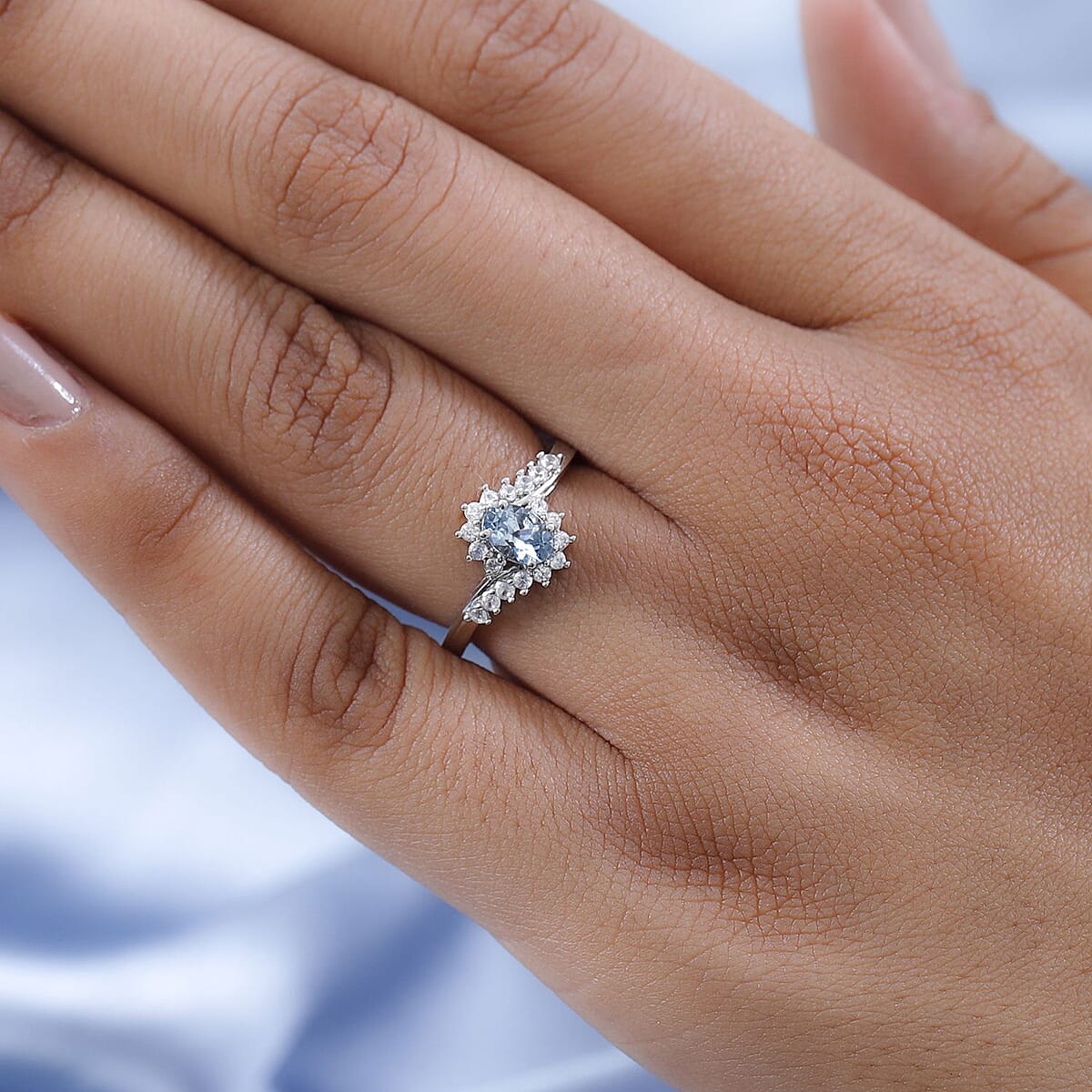 Santa Maria Aquamarine and White Zircon Bypass Ring in Platinum Over Sterling Silver (Size 7.0) 0.75 ctw image number 2