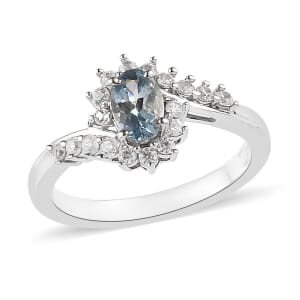 Santa Maria Aquamarine and White Zircon Bypass Ring in Platinum Over Sterling Silver (Size 9.0) 0.75 ctw
