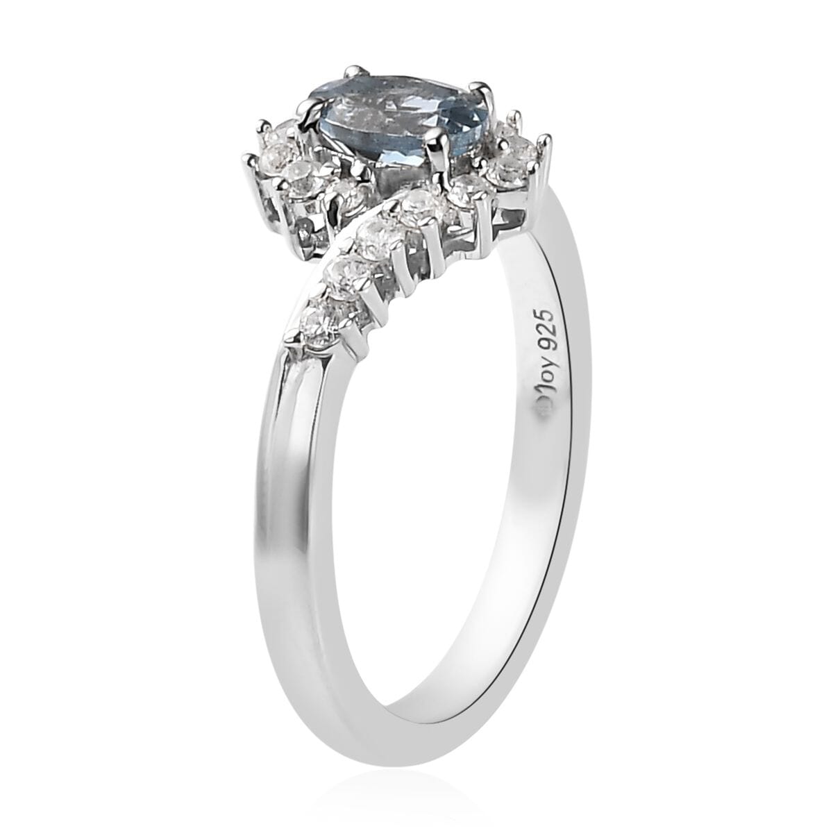 Santa Maria Aquamarine and White Zircon Bypass Ring in Platinum Over Sterling Silver (Size 9.0) 0.75 ctw image number 3