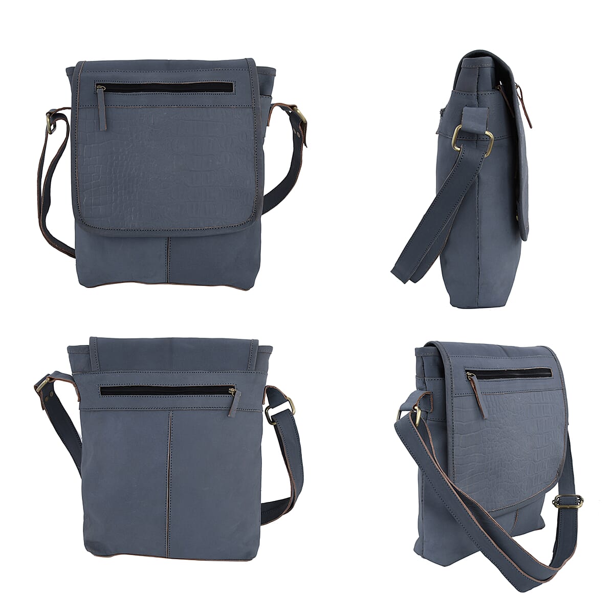 Gray Croco Embossed Genuine Leather Flapover Crossbody Bag with Adjustable Shoulder Strap image number 1