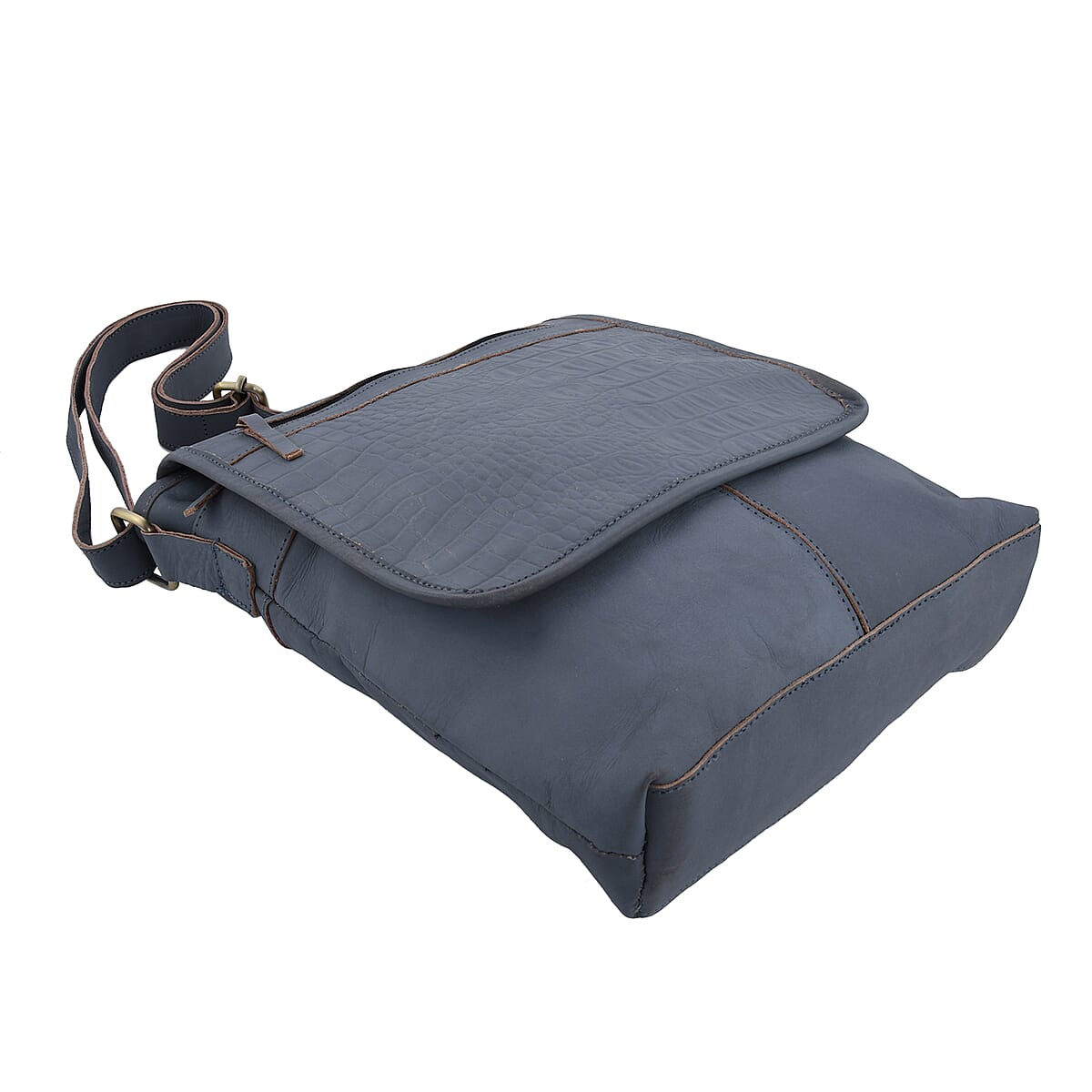 Gray Croco Embossed Genuine Leather Flapover Crossbody Bag with Adjustable Shoulder Strap image number 3