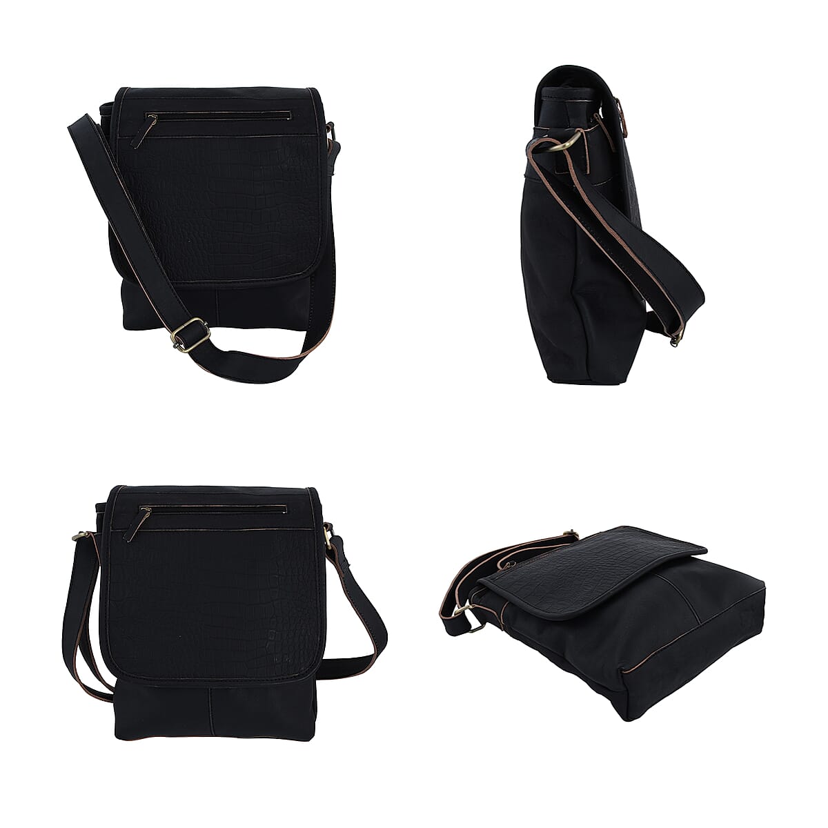 Black Croco Embossed Genuine Leather Flapover Crossbody Bag with Adjustable Shoulder Strap image number 1