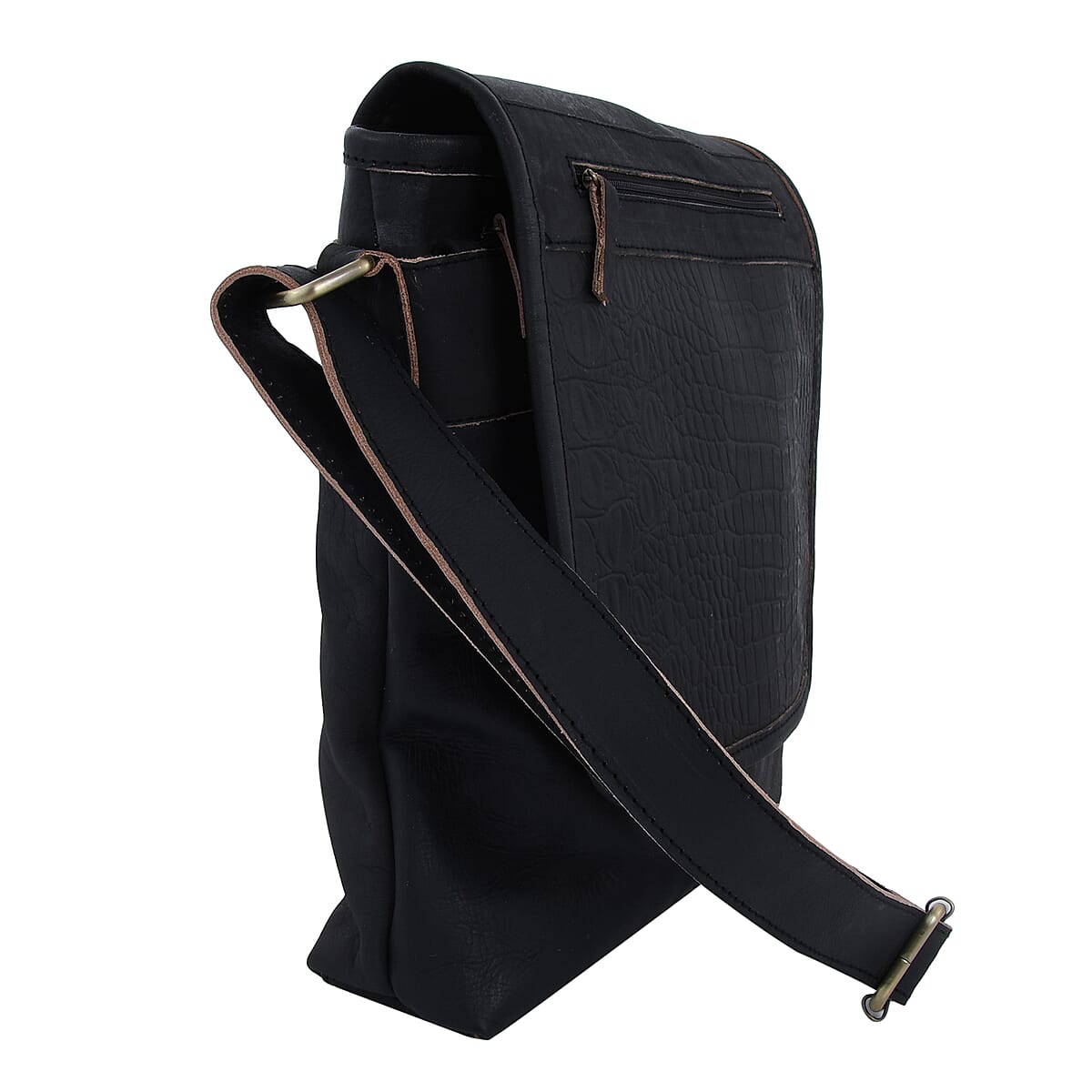 Black Croco Embossed Genuine Leather Flapover Crossbody Bag with Adjustable Shoulder Strap image number 3