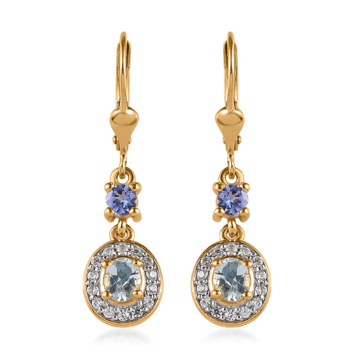 Premium Mangoro Aquamarine and Multi Gemstone Halo Lever Back Earrings in Vermeil Yellow Gold Over Sterling Silver 1.25 ctw image number 0