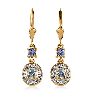 Premium Mangoro Aquamarine and Multi Gemstone Halo Lever Back Earrings in Vermeil Yellow Gold Over Sterling Silver 1.25 ctw