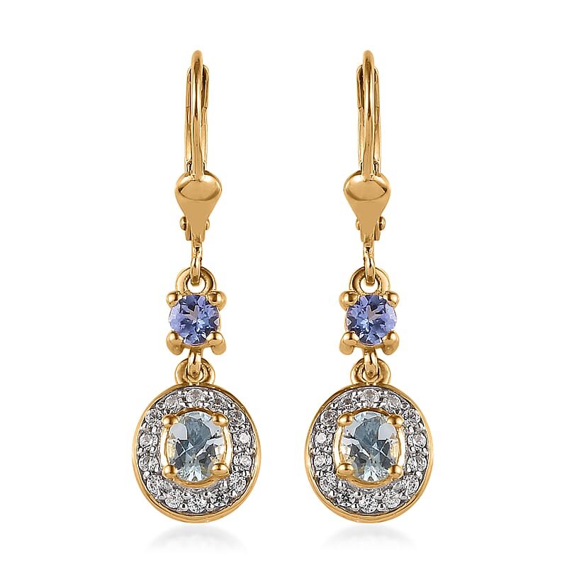 Premium Mangoro Aquamarine and Multi Gemstone Halo Lever Back Earrings in Vermeil Yellow Gold Over Sterling Silver 1.25 ctw