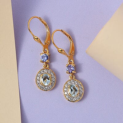Premium Mangoro Aquamarine and Multi Gemstone Halo Lever Back Earrings in Vermeil Yellow Gold Over Sterling Silver 1.25 ctw