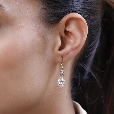 Premium Mangoro Aquamarine and Multi Gemstone Halo Lever Back Earrings in Vermeil Yellow Gold Over Sterling Silver 1.25 ctw