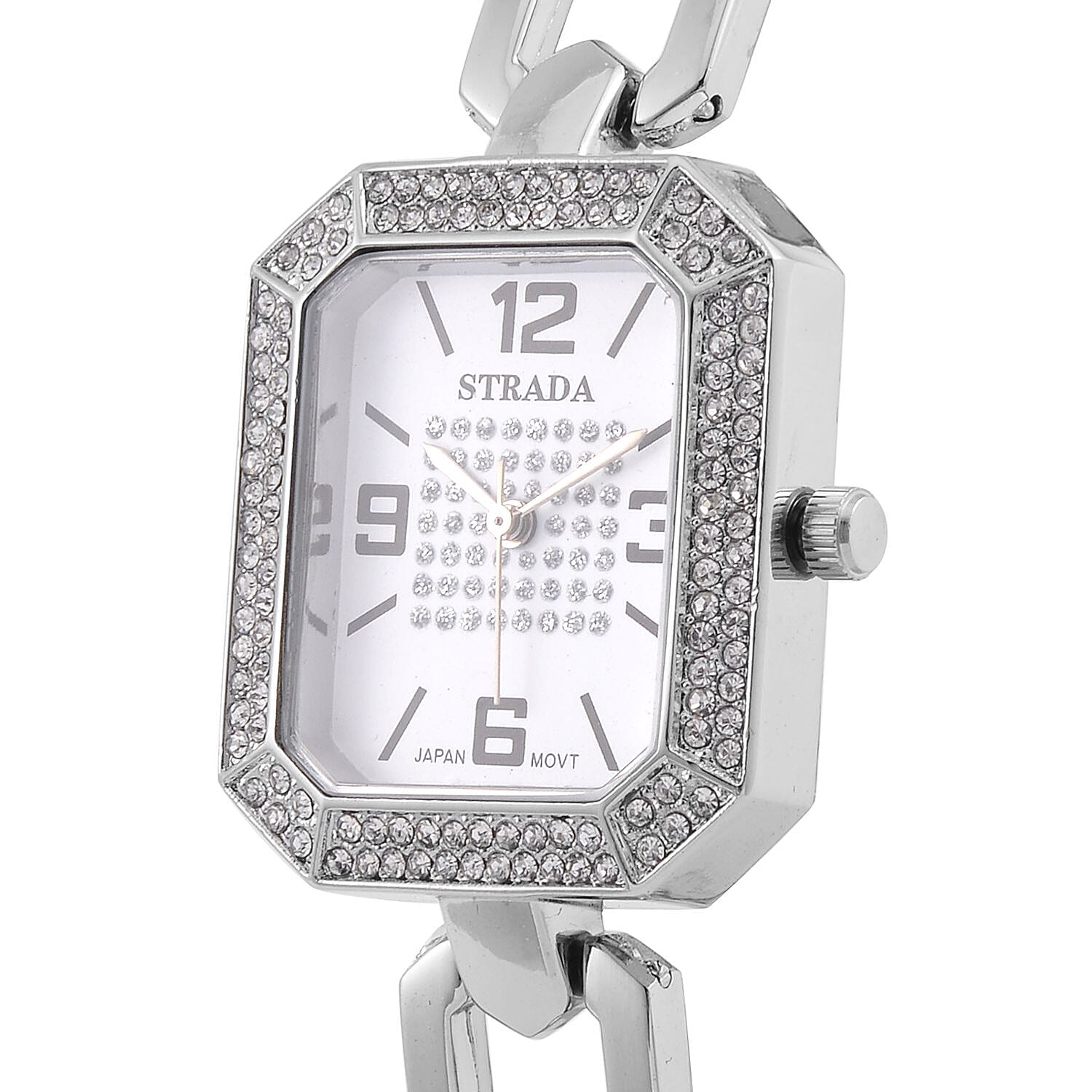 Strada Austrian Crystal Japanese Movement Watch with Silvertone Strap (31.75mm-27.94mm) (7.00-8.5 Inches)