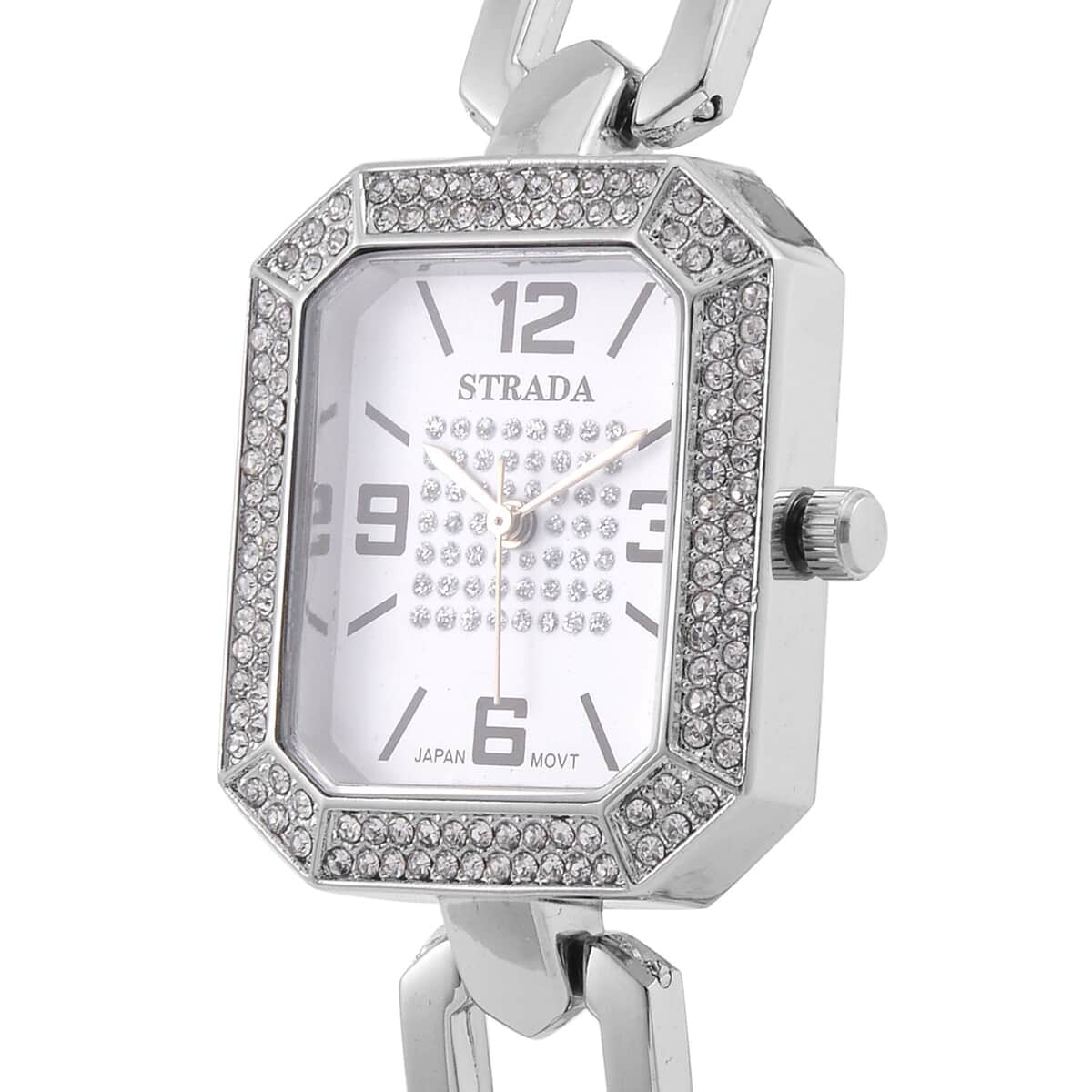 Strada Austrian Crystal Japanese Movement Watch with Silvertone Strap (31.75mm-27.94mm) (7.00-8.5 Inches) image number 3