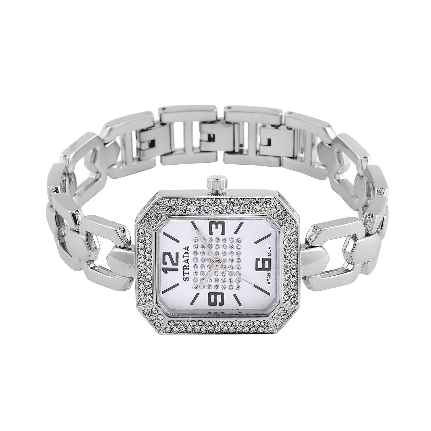 Strada Austrian Crystal Japanese Movement Watch with Silvertone Strap (31.75mm-27.94mm) (7.00-8.5 Inches)