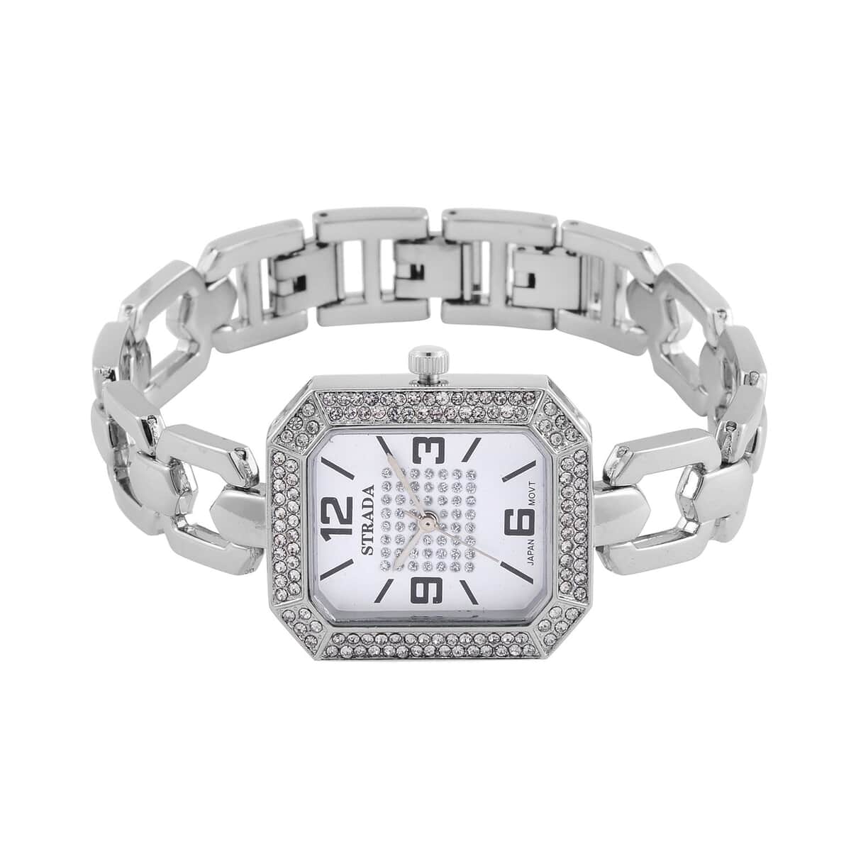 Strada Austrian Crystal Japanese Movement Watch with Silvertone Strap (31.75mm-27.94mm) (7.00-8.5 Inches) image number 4