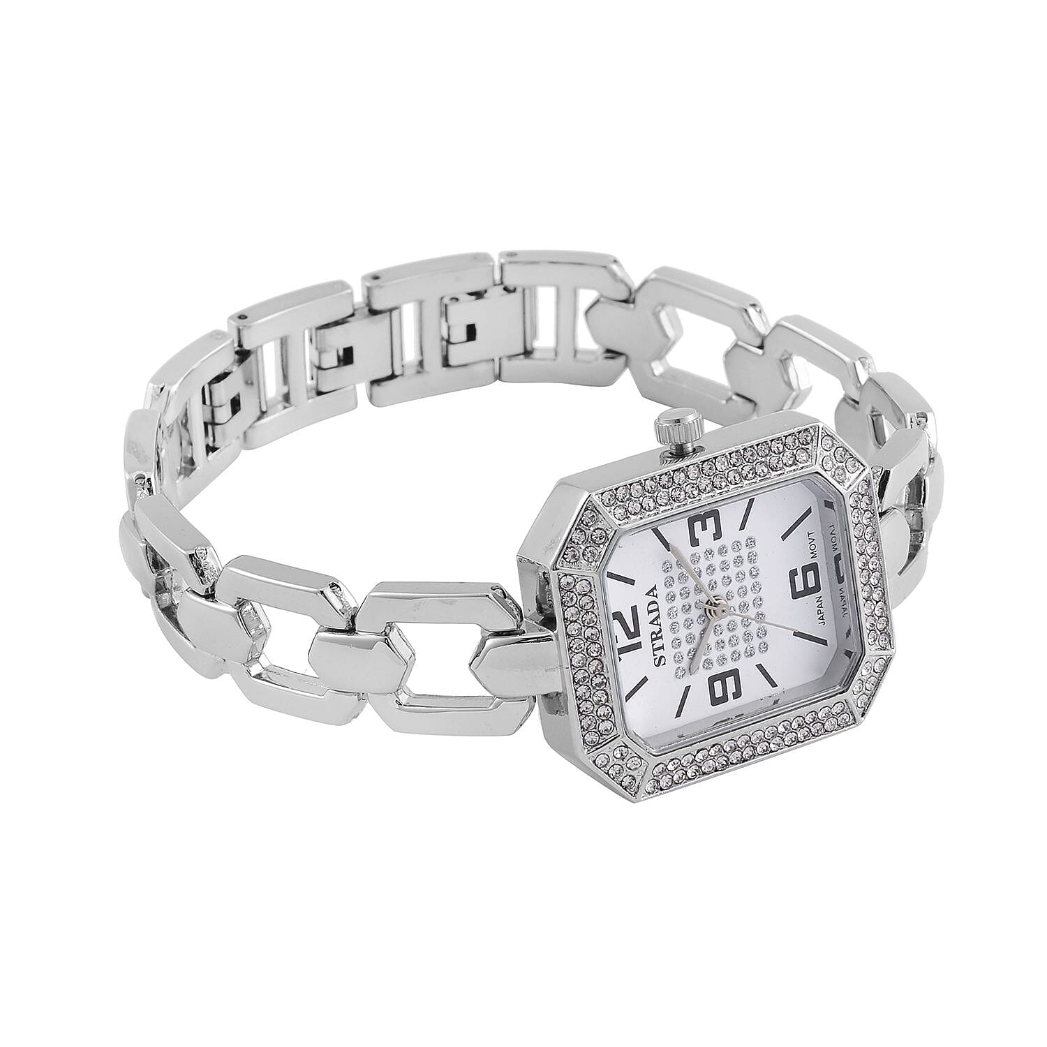 Strada Austrian Crystal Japanese Movement Watch with Silvertone Strap (31.75mm-27.94mm) (7.00-8.5 Inches)