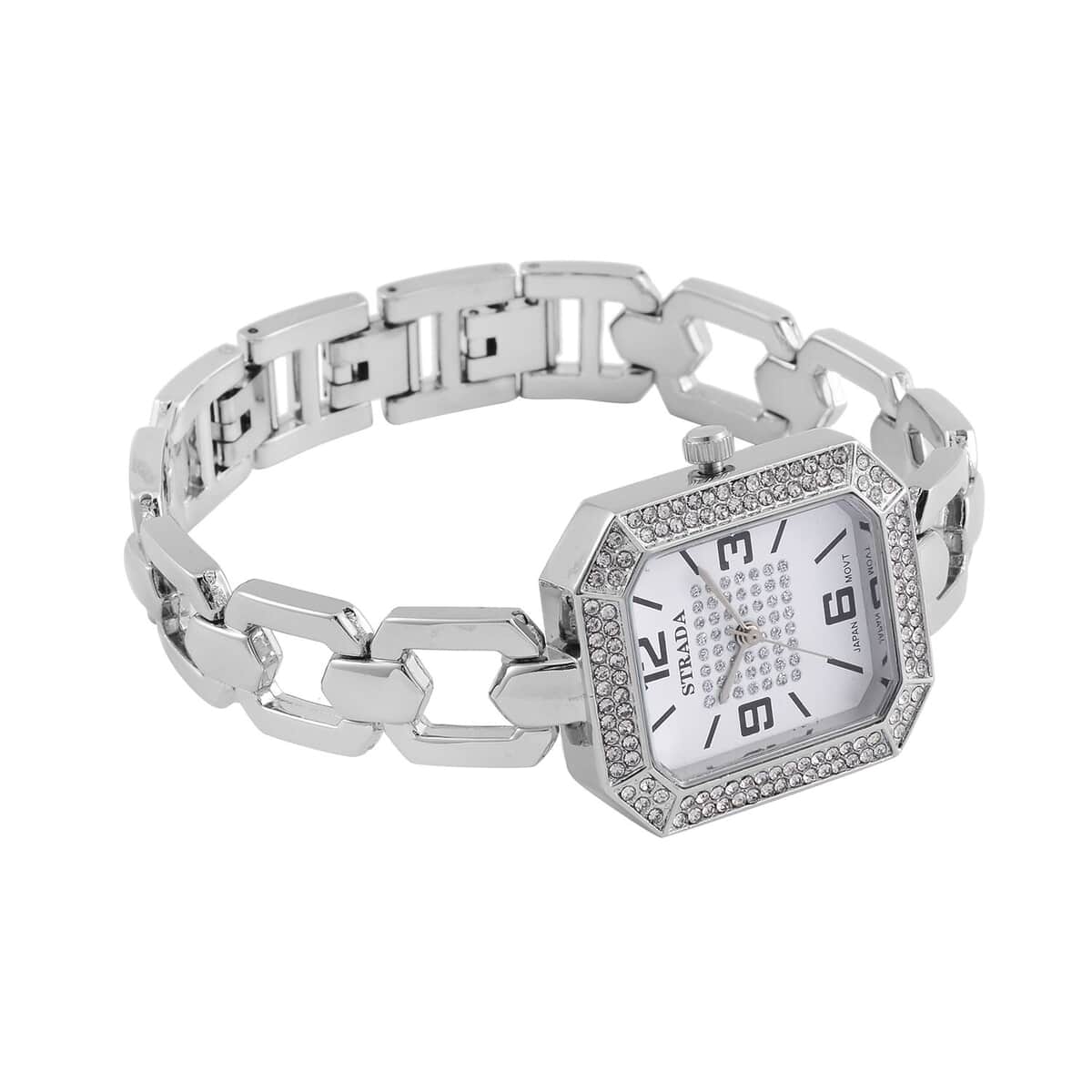Strada Austrian Crystal Japanese Movement Watch with Silvertone Strap (31.75mm-27.94mm) (7.00-8.5 Inches) image number 5