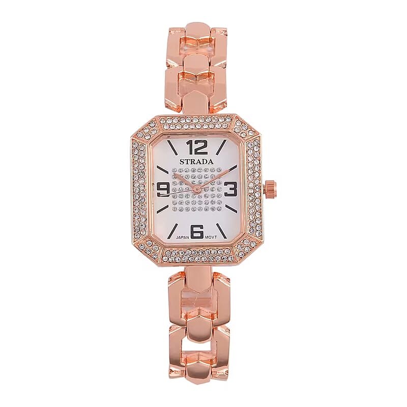 Strada Austrian Crystal Japanese Movement Watch with Rosetone Strap (31.75mm-27.94mm) (7.00-8.5 Inches)